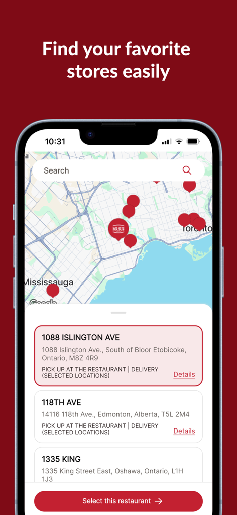 MR. SUB - Official - Una pantalla de teléfono móvil que muestra el localizador de tiendas de la app MR. SUB con un mapa y una lista de ubicaciones de restaurantes cercanas.