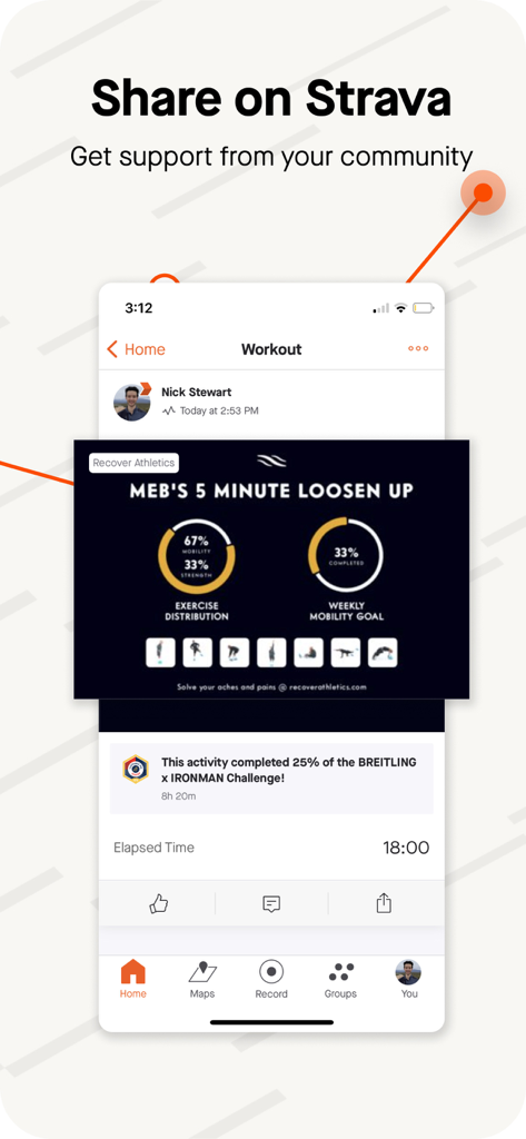A screenshot of the Recover Athletics app showing a completed recovery workout being shared to the Strava community feed