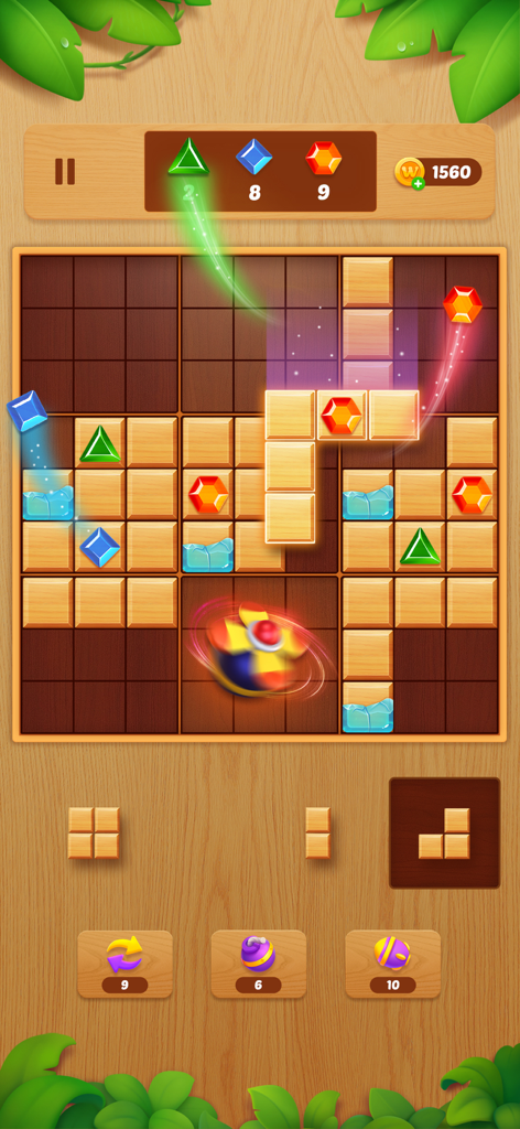 Block Crush: Wood Block Puzzle - Block Crush gameplay featuring wooden blocks and colorful gems on a puzzle grid.