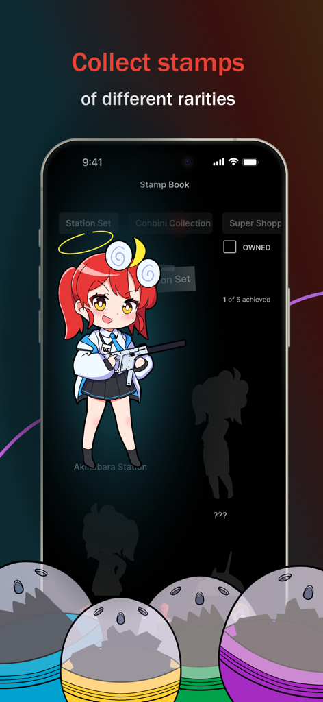 iago - Learn Japanese - A mobile app screenshot showing the iago Japanese learning stamp book feature with a chibi anime character and gacha capsules.