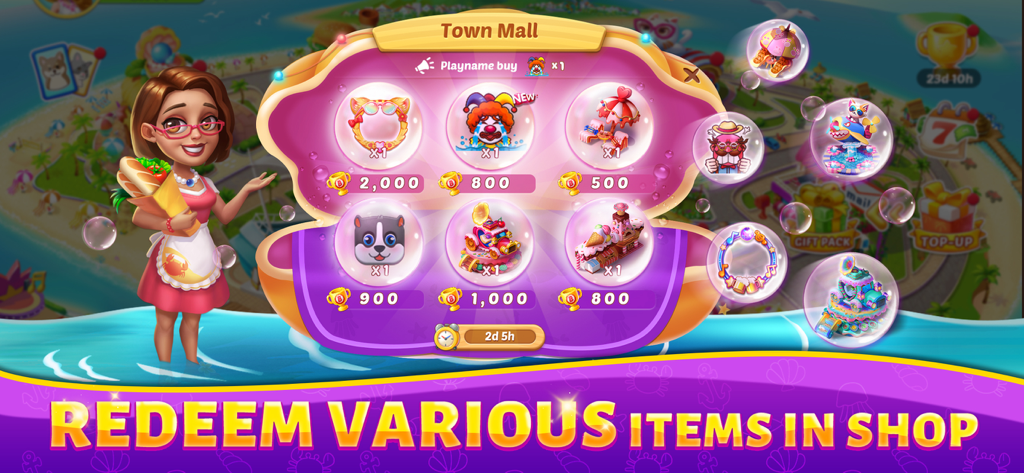 Bingo Rush - Club Bingo Games - Interface of the Town Mall shop in Bingo Rush showing various decorative items available for redemption with in-game currency.
