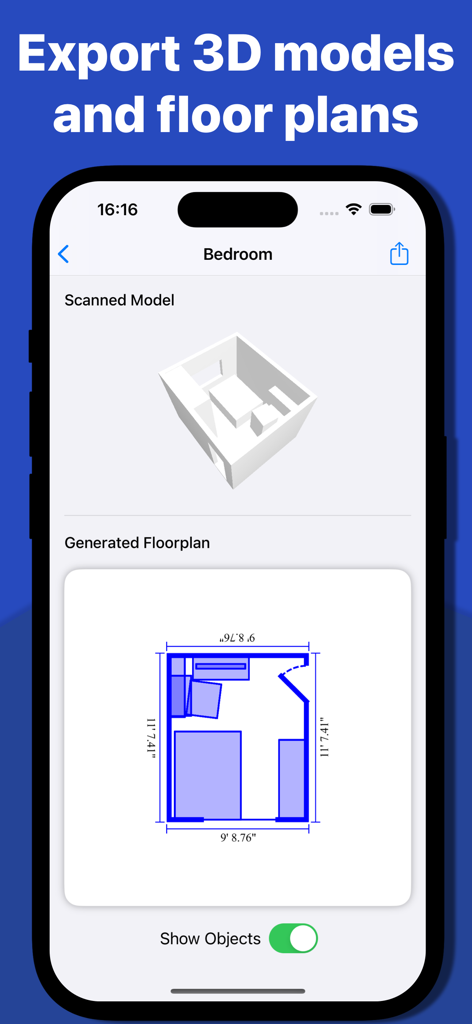 Room Scanner: Floor Plan Maker - 寸法付きの3D部屋モデルとその対応する2D間取り図が表示されたスマートフォンスクリーン