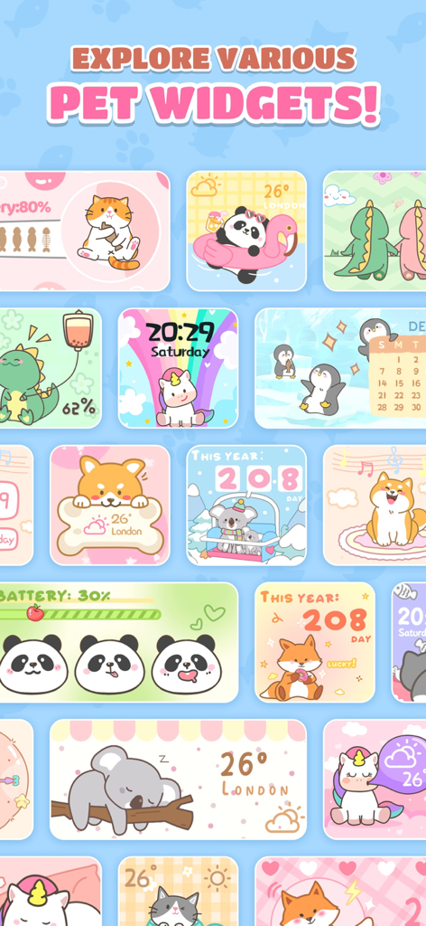 Pet Pal Paw - A collection of cute animal themed iOS widgets for home screen customization showing weather battery and time