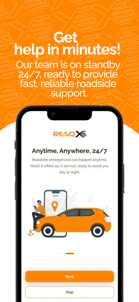 Pantalla de incorporación de la aplicación móvil ResQ-X para asistencia vial 24/7