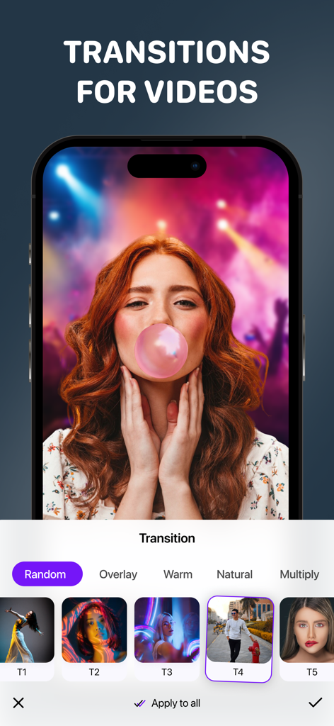 Video Editor - Movie Maker Pro - 「オーバーレイ」や「ウォーム」などのカテゴリーがあるビデオトランジション選択メニューを表示したMovie Maker Proアプリのインターフェース