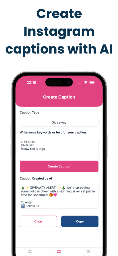 Jet Giveaway for Instagram - Mobile app interface showing the AI caption generator for Instagram giveaways