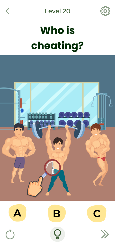 Una pantalla de juego de puzzle difícil que pregunta quién está haciendo trampa, con una lupa que revela a un hombre con un traje de músculos falso.