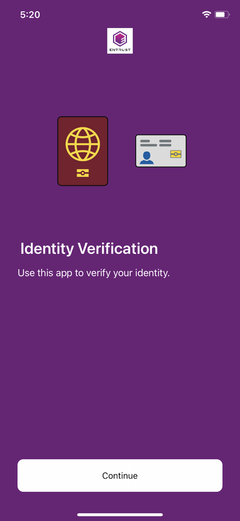 IDVaaS - Entrust IDVaaS welcome screen for identity verification featuring icons of a passport and an identity card