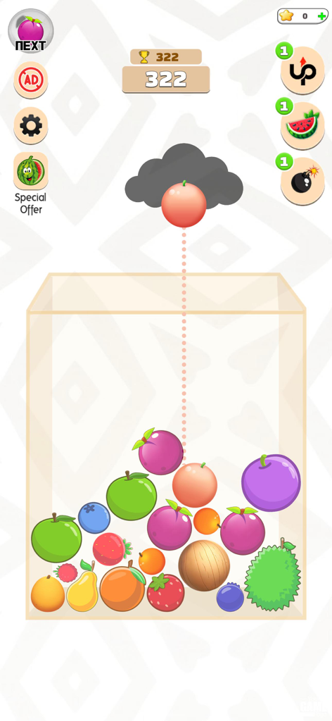 Fruit Merge Watermelon Puzzle gameplay showing various fruits being dropped and merged in a container