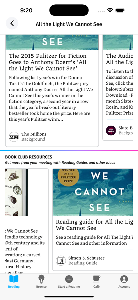 Bookship: a virtual book club - Bookship app interface displaying book club resources and reading guides