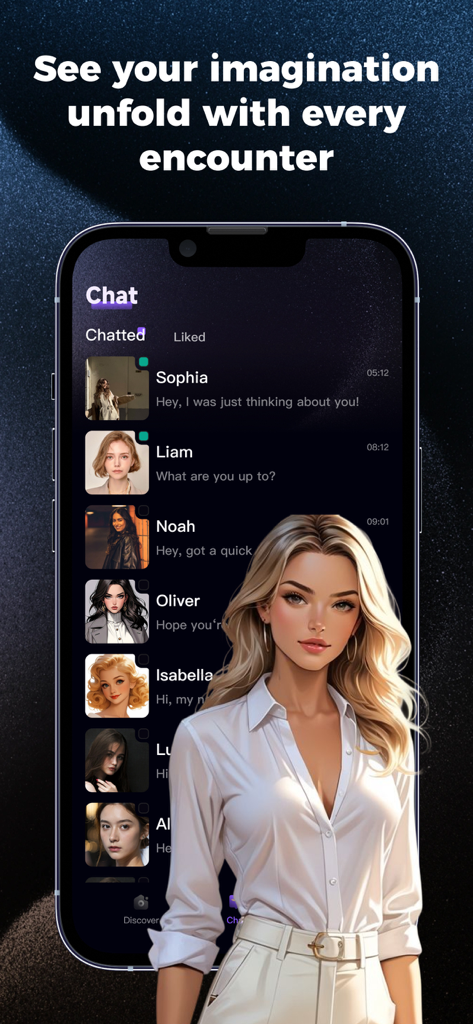 Kokoa AI app interface showing a chat history list with diverse AI characters and a realistic blonde avatar