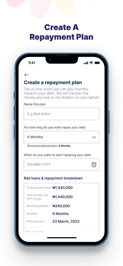 Pebblescore - Interface of the PebbleScore app showing a form to create a customized debt repayment plan