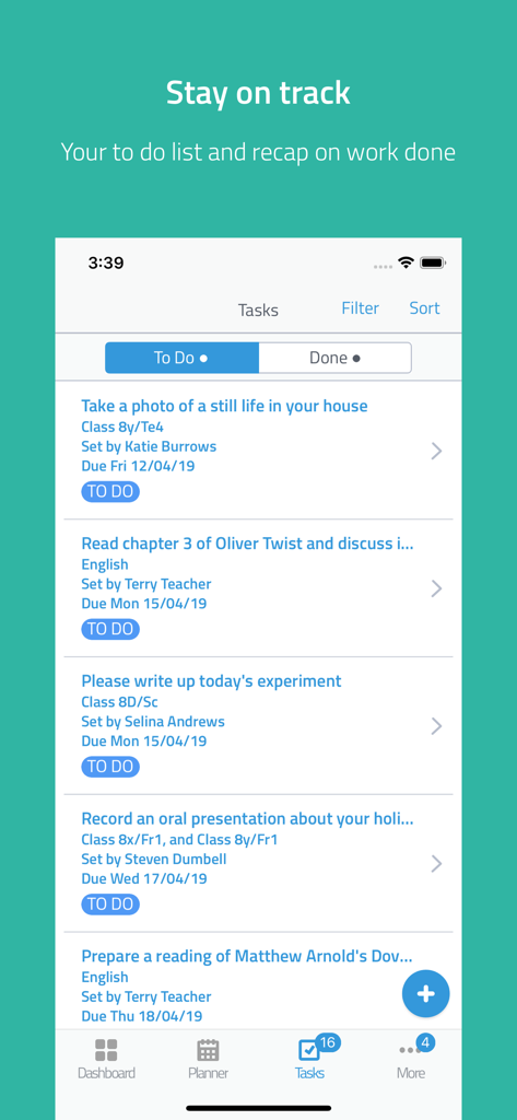 Firefly for Students - A list of school homework assignments and personal tasks on the Firefly for Students mobile app interface.