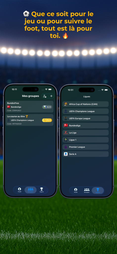 Go Football Prono App Oberfläche mit Fußball-Ligenlisten und privaten Tippgruppen auf iPhone-Bildschirmen.