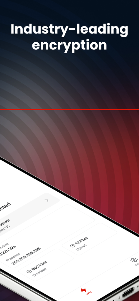 MEGA VPN – Privacy Online - MEGA VPN mobile app screen showing industry leading encryption text and connection status