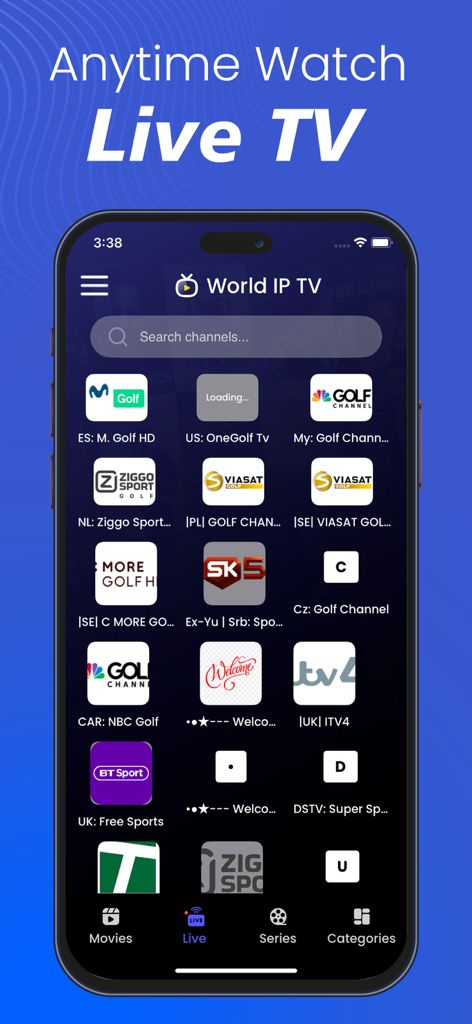IPTV Smart Player, Live Stream - IPTV Smart Player app interface displaying live sports and international TV channels