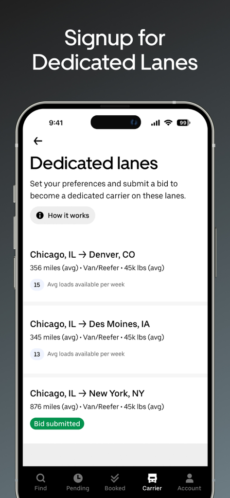 Uber Freight app screen showing dedicated shipping lanes and bidding options for truck carriers.