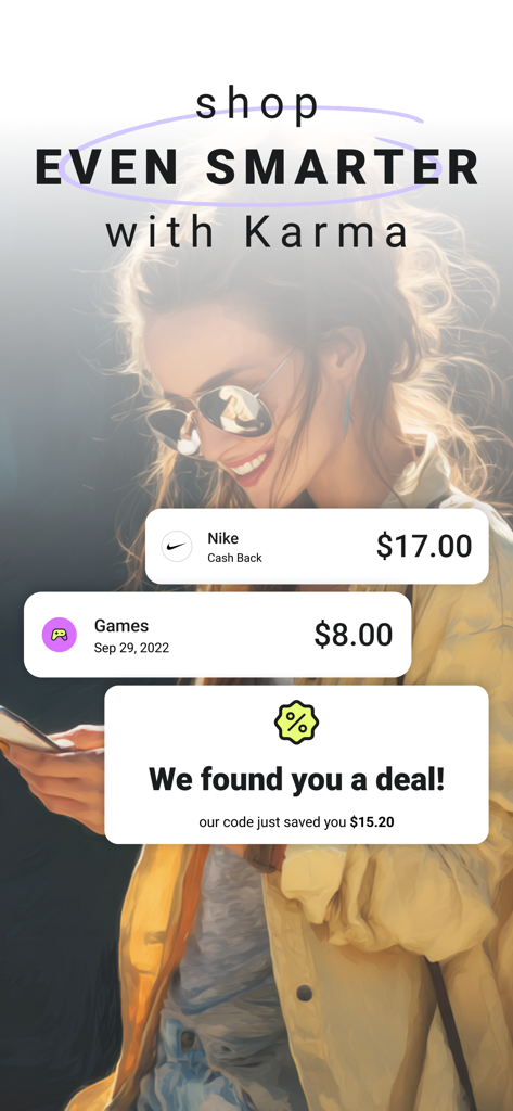 Karma shopping app screen displaying cash back rewards game earnings and discount notifications
