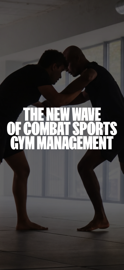 Two athletes grappling with a text overlay about combat sports gym management