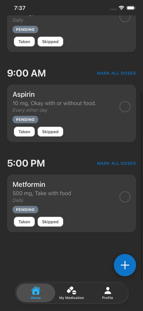 Daily Minder - Lista de recordatorios de medicamentos diarios que muestra las dosis programadas y las opciones de seguimiento