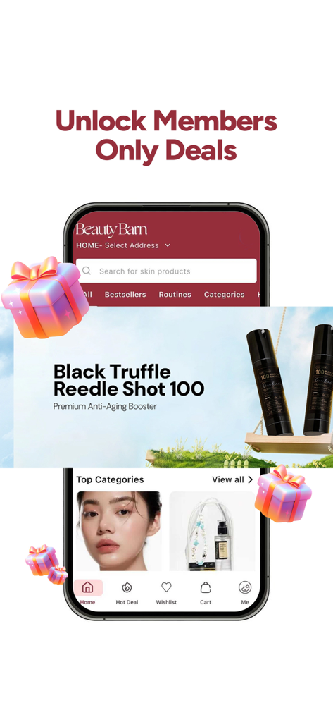Beauty Barn: Korean Skincare - Beauty Barn app interface showing members-only deals and anti-aging skincare products