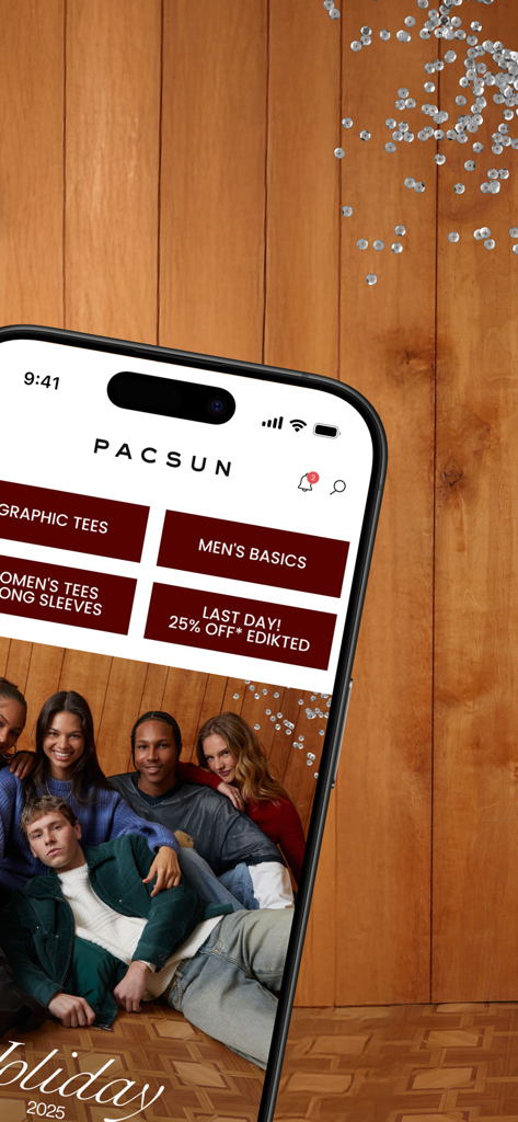 Pacsun - Pantalla de smartphone mostrando la app de Pacsun con categorías de ropa de moda e imágenes de estilo de vida
