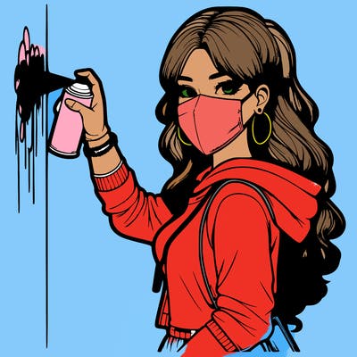 realistic girl with mask spray painting a wall