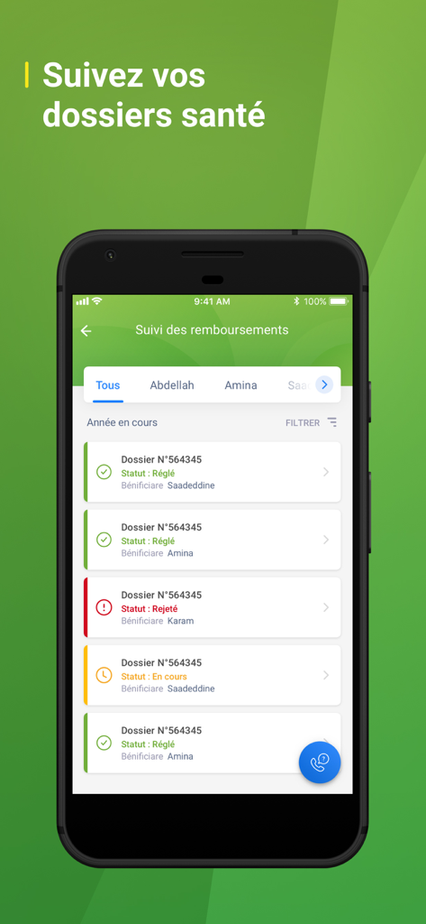 Sanlam Maroc - Sanlam Maroc mobile app interface for tracking health insurance reimbursements and claim statuses