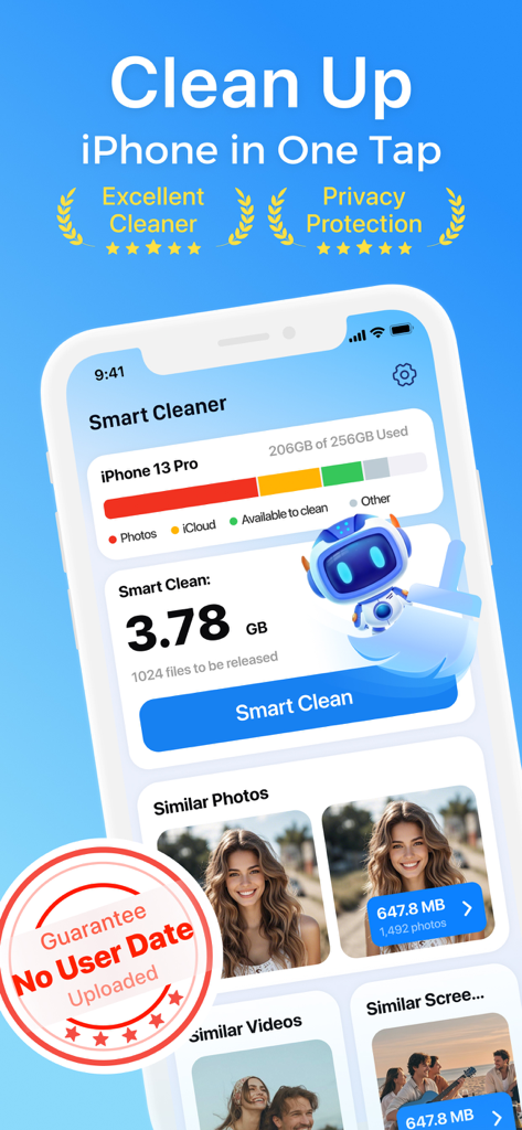 Panel de la aplicación Smart Cleaner mostrando el uso del almacenamiento del iPhone y un botón de limpieza inteligente para la optimización con IA.
