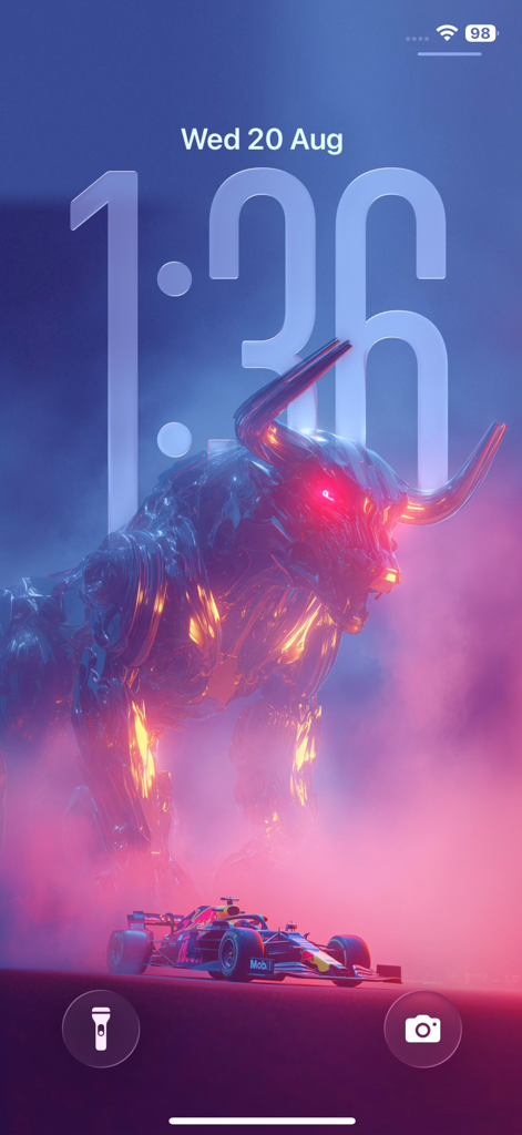 Wallbyte: 4k Wallpapers - A high-resolution lock screen wallpaper showing a glowing mechanical bull and a Formula One racing car in a purple and pink mist.