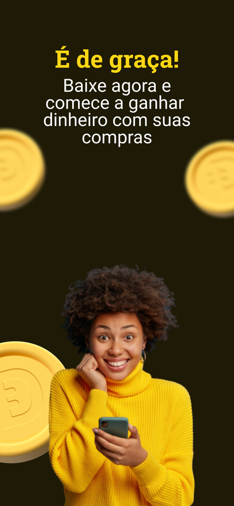 Dinerama - A smiling woman holding a smartphone surrounded by floating gold coins and promotional text about earning money while shopping