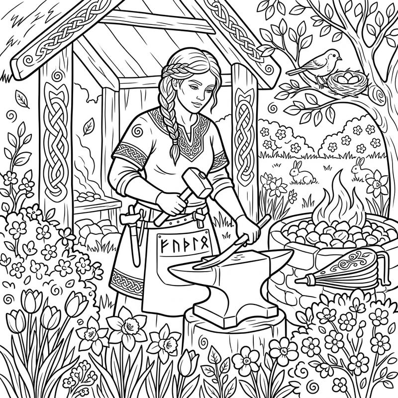 Step into an ancient spring day with this captivating coloring page featuring a skilled Viking blacksmith at work. Immerse yourself in the blend of historical craftsmanship and blossoming nature, perfect for a relaxing creative session.