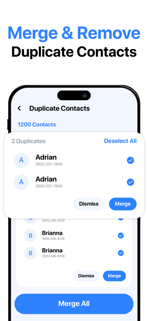 A smartphone interface showing the Duplicate Contact Remover feature with a list of repeated contacts and a Merge All button.