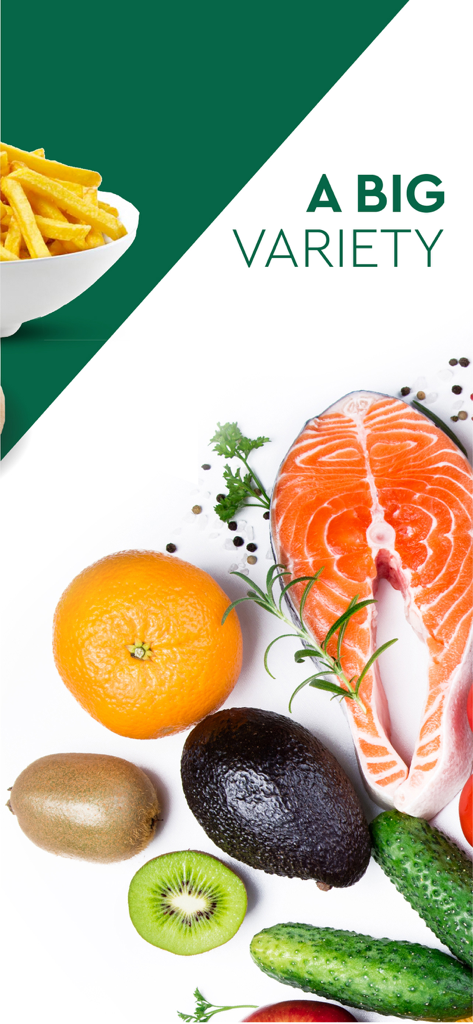 Hachem Online - A collection of fresh food including salmon, orange, avocado, kiwi, and cucumbers with the text A BIG VARIETY