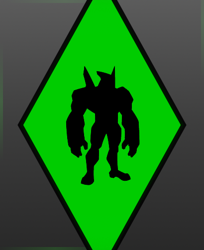 Uma silhueta preta de um herói alienígena em um fundo de diamante verde brilhante