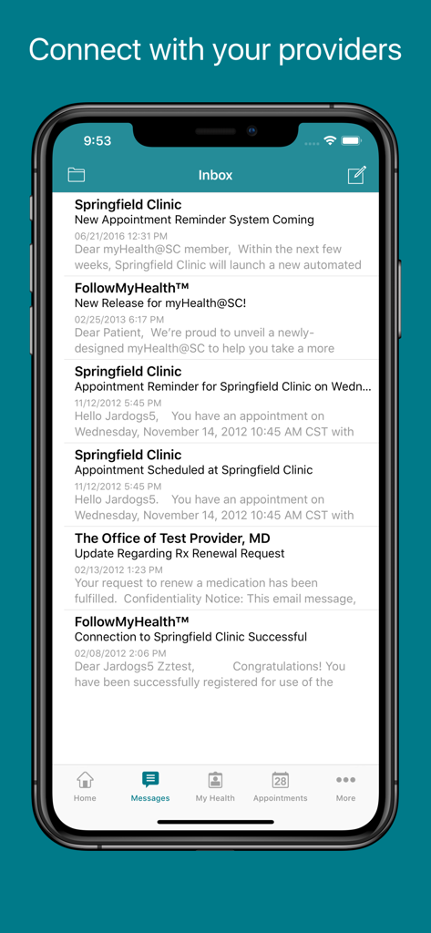 FollowMyHealth app secure messaging inbox showing appointment reminders and provider notifications