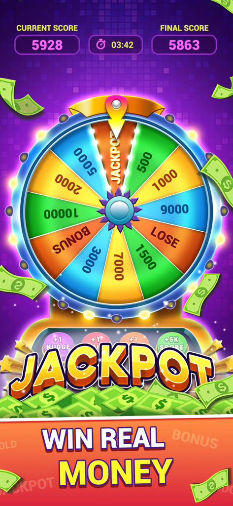 Spin Wheel: Win Real Money - A colorful skill-based prize wheel in a mobile game featuring real-money jackpot rewards and score tracking