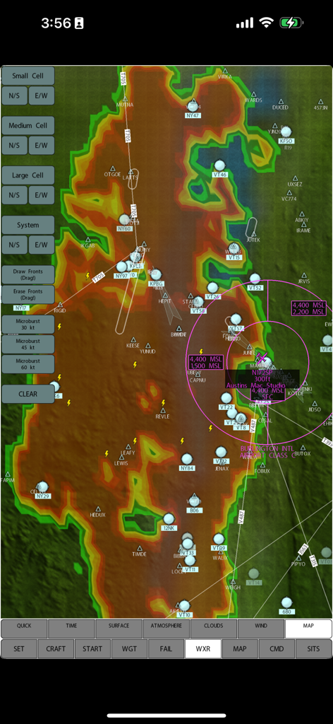 X-Plane 12 Control Pad weather radar interface showing storm cells and navigation waypoints