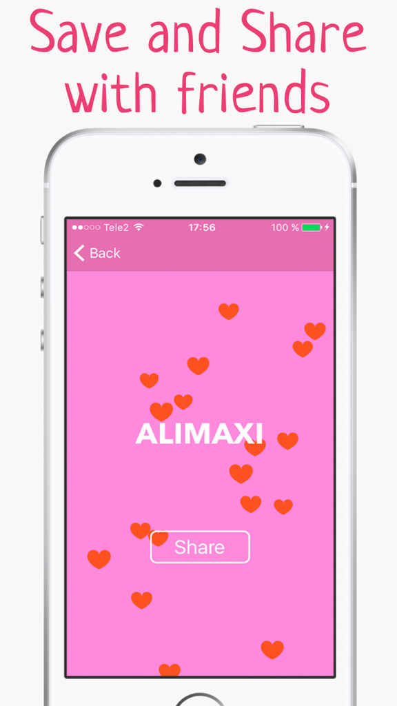 Ship name generator app screen showing the generated couple name Alimaxi with hearts and a share button