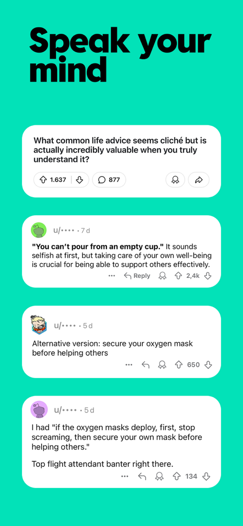 A Reddit mobile app screenshot on a green background featuring a discussion thread about valuable life advice with the heading Speak your mind.
