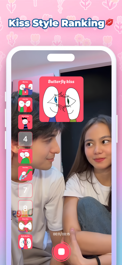 Young couple using the Kiss Style Ranking filter in the Love Tester app showing a butterfly kiss result