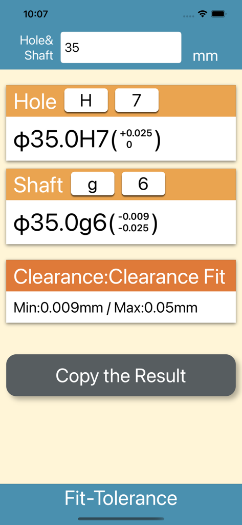 Fit Tolerance Calculator app screen showing clearance fit results for a 35mm hole and shaft combination.