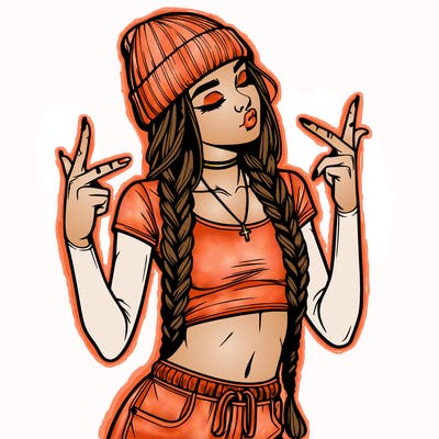 realistic teenage girl with braids and a beanie and crop top doing 🫶🏼