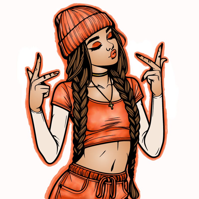 realistic teenage girl with braids and a beanie and crop top doing 🫶🏼