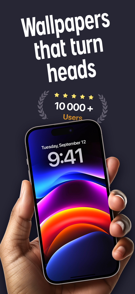 Pixs: Wallpapers & Backgrounds - Hand holding an iPhone with a colorful abstract wallpaper from Pixs app