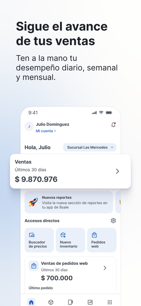 Panel de control de la app Bsale mostrando seguimiento de ventas e informes de rendimiento del negocio en español