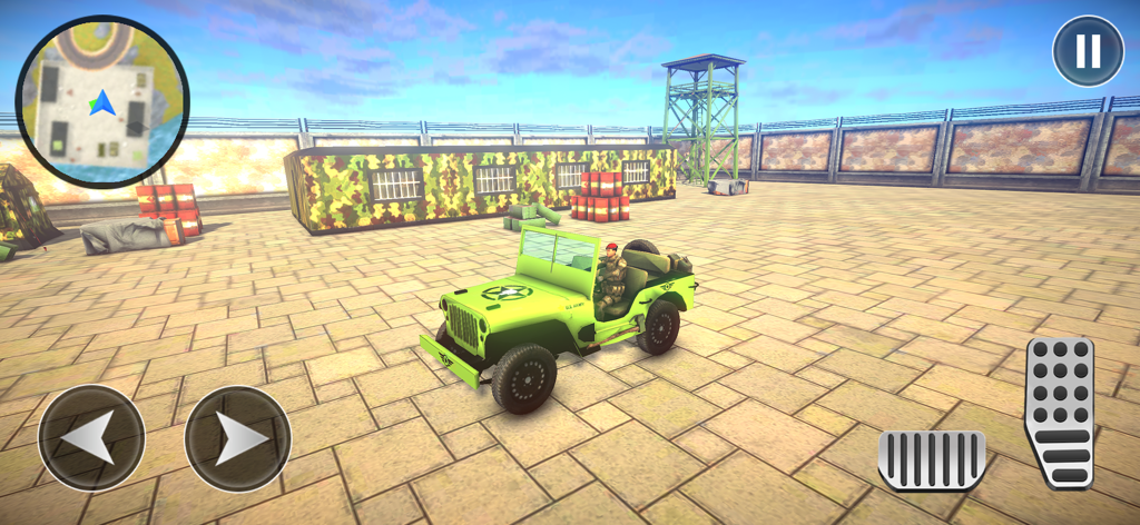 Army Cargo Truck Driving Games - Gameplay-Screenshot eines Militärjeeps, der innerhalb einer Militärbasis mit Lenkrad- und Pedalbedienelementen auf dem Bildschirm gefahren wird