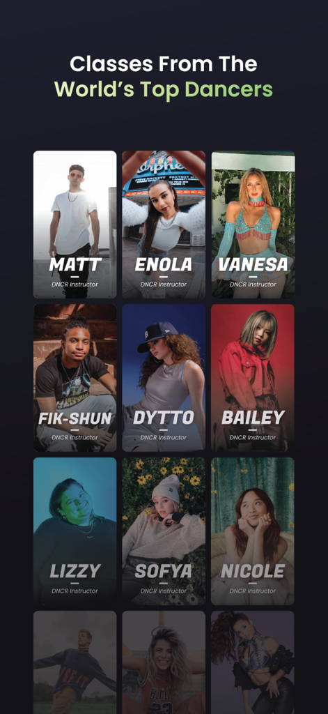 DNCR - A grid showcasing professional dance instructors available on the DNCR app