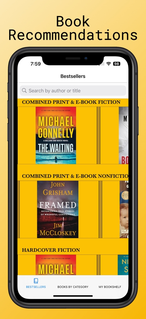Book Buddy: Book Search - Interface of the Book Buddy app showing a curated list of fiction and nonfiction bestsellers.