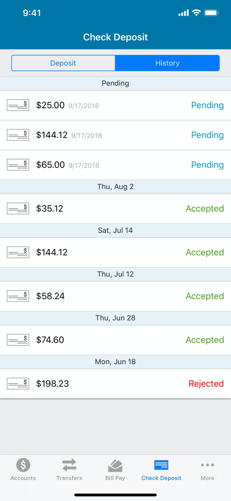 EECU Mobile Banking app screen showing check deposit history with pending and accepted transactions